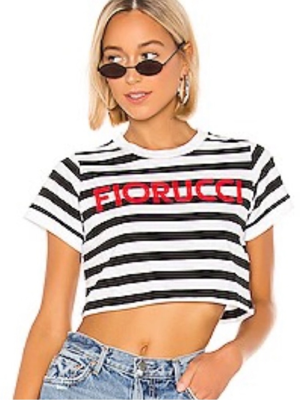 Fiorucci Black and White Striped Cropped Tee with Red Logo